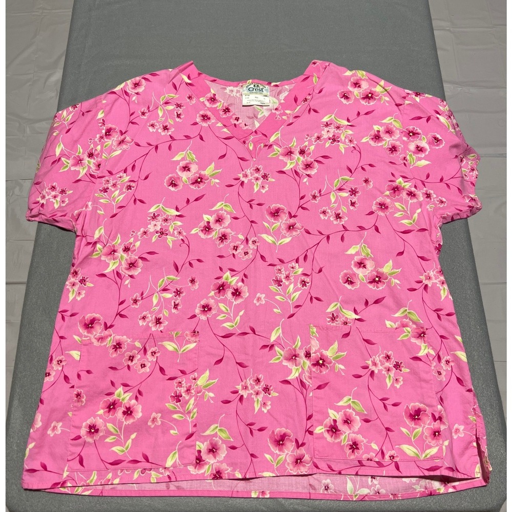 Crest Cottons Pink Floral Scrub Top V-Neck Short Sleeve 100% Cotton XL 9109